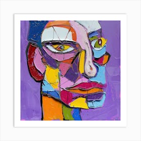 A man's head in the style of neoexpressionism, acrylic paint on a purple background, Art Print