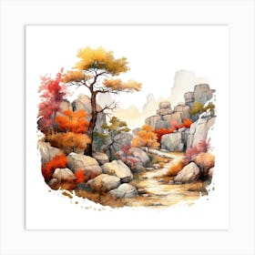 Watercolor Landscape With Trees And Rocks Art Print