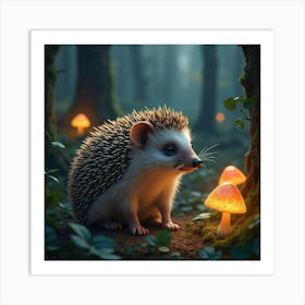 A Hedgehog With Glowing Quills, Exploring A Magical Forest Filled With Shimmering Mushrooms Art Print