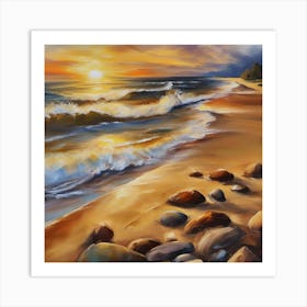 The sea. Beach waves. Beach sand and rocks. Sunset over the sea. Oil on canvas artwork.12 Art Print