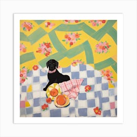Pastel Colours Black Dog In A Picnic Blanket Art Print