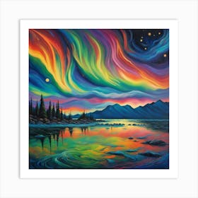 Aurora Borealis Over Tranquil Lake - Northern Lights Landscape Canvas Art | Mystical Night Sky Home Decor Print Art Print