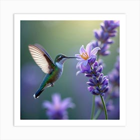 A Delicate Hummingbird With Sparkling Wings, Hovering Near A Floating Lavender Blossom Art Print