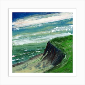 Cliff - landscape green blue teal sky sea hand painted square seascape Anton Maliar Art Print