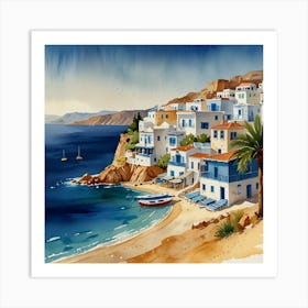 Watercolor Of Greek Village.Summer on a Greek island. Sea. Sand beach. White houses. Blue roofs. The beauty of the place. Watercolor. Art Print