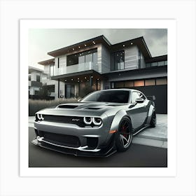 Silver Grey Dodge Hellcat With Full Body Kit In Front Of Modern House Art Print