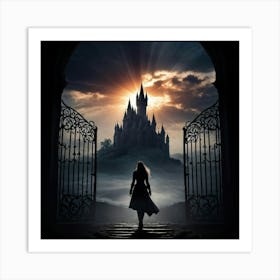 Gothic Woman Journeying Towards A Sinister Medieval Castle Colored Sun Rays Peeking Through The Omi 1 Art Print