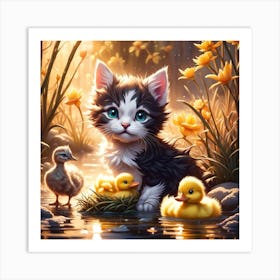 Little Kitten With Ducklings Art Print