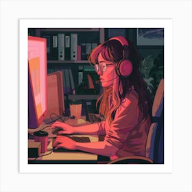 Girl With Headphones Working On Computer Art Print