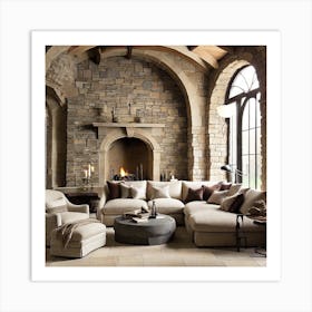 Living Room With Stone Fireplace Art Print