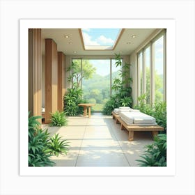 A Soothing Watercolor Scene Of A Wellness Center With Lush Greenery And Tranquility 1 Art Print