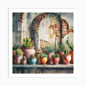 Watercolor painting of an old, weathered wall with cracked stone and peeling paint. The background features various sizes and shapes of terracotta pots on the shelf below. Each pot is filled with vibrant cacti or succulents, 1 Art Print
