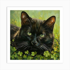 Black Cat With Shamrocks Art Print