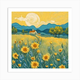 Sunflowers In The Field Landscape Art Print