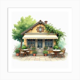 Charming Garden Café In Watercolor, With Outdoor Seating And Lush Plants Art Print