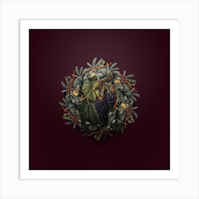 Vintage Black Grape Fruit Wreath on Wine Red n.2684 Art Print
