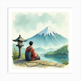 A Japanese Man Sitting By A Stone Lantern, Reflecting On A Mountain View, Watercolor Art Art Print