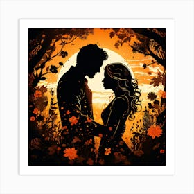 Silhouette Of Lovers, Silhouettes Of Two People Hugging Surrounded By Elements Of Nature Flowers Trees Growing Art Print