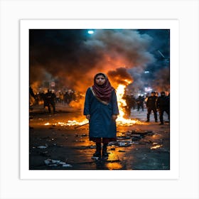 Woman Stands In Front Of A Fire Art Print