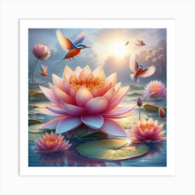 Water Lilies And Birds 1 Art Print