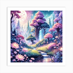 A Fantasy Forest With Twinkling Stars In Pastel Tone Square Composition 131 Art Print