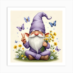 A peaceful gnome sitting cross-legged in a serene garden scene. Art Print