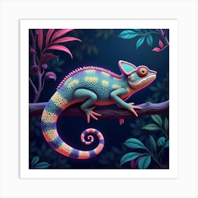 A Whimsical Chameleon With A Tail Of Glowing, Neon Patterns Blending Into A Vibrant Jungle Art Print