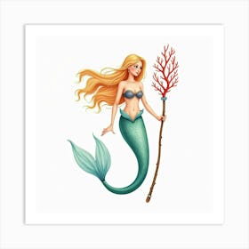 Graceful Mermaid With A Coral Staff, Watercolor 1 Art Print