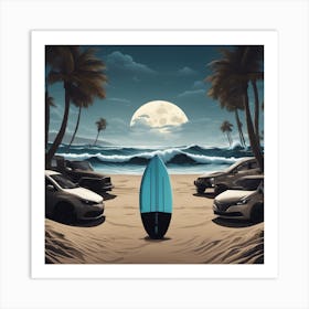 Surfers, Full Moon, Sandy Parking Lot, Surfboards, Palm Trees, Beach, Whitewater, Surfers, Waves, Oc Art Print