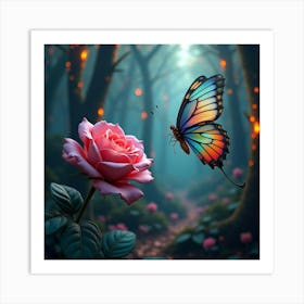 A Colorful Butterfly Fluttering Near A Giant Rose, In A Surreal Forest Of Glowing Trees Art Print