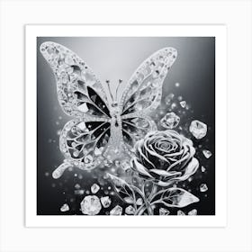 Black and White Crystal Butterfly And Roses Art Print