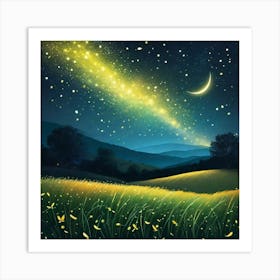 yellow glow beside the moon with fire flies on open field Art Print