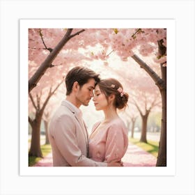 A tender portrait of a couple sharing a loving gaze under a canopy of cherry blossoms Art Print