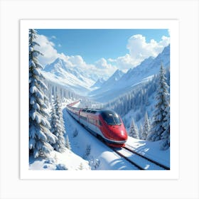 Bullet Train Racing Along Snow Covered Mountains With Clear Skies 1 Art Print