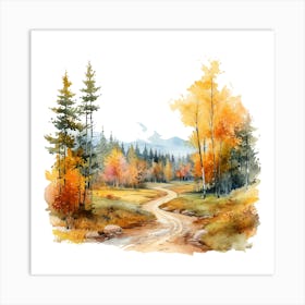 Watercolor Autumn Forest Road Art Print