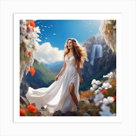 Beautiful Girl In White Dress In The Forest Art Print