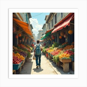 A Colorful Market Scene With Vendors Selling Fresh Fruits And Vegetables Art Print