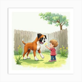 Friendly Boxer Dog And A Child Playing In A Watercolor Yard 1 Art Print