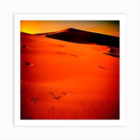 A Windswept Desert Dune Its Ridges Casting Dramatic Shadows In The Fiery Setting Sun (1) Art Print