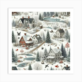 Winter Village And Path Among The Ponds Art Print