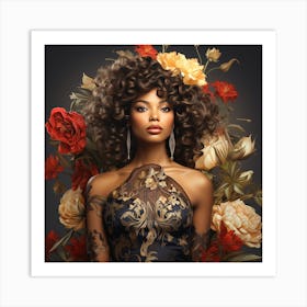 Beautiful African American Woman With Flowers Art Print