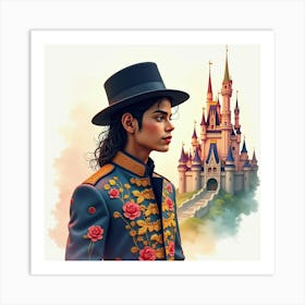 Michael Jackson With A Watercolor Fantasy Castle Backdrop 1 Art Print