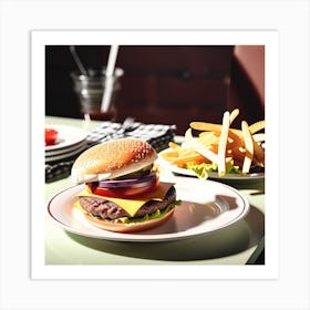 Hamburger And Fries On A Table Art Print