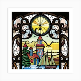 Image of medieval stained glass windows of a sunset at sea 7 Art Print