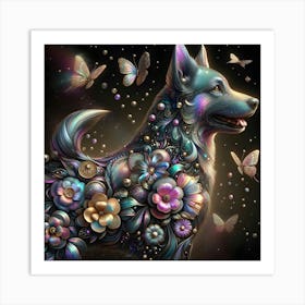 Dog With Flowers And Butterflies Art Print