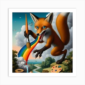 A Stealthy Fox With A Paintbrush That Shoots Rainbows, Inspired By The Fantastical Paintings Of Hieronymus Bosch 2 Art Print