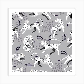 White Tiger Pattern On Gray With Decoration Square Art Print