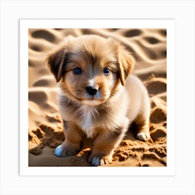 A small, adorable puppy with a golden coat and dark eyes is sitting on sandy ground. The puppy has a white patch on its chest and appears to be looking directly at the camera with a curious expression Art Print