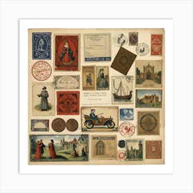 Vintage Postcards And Stamps Displayed In A Frame Art Print