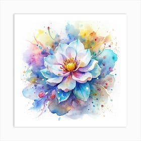 Watercolor Flower With Blue And Yellow Splashes Art Print